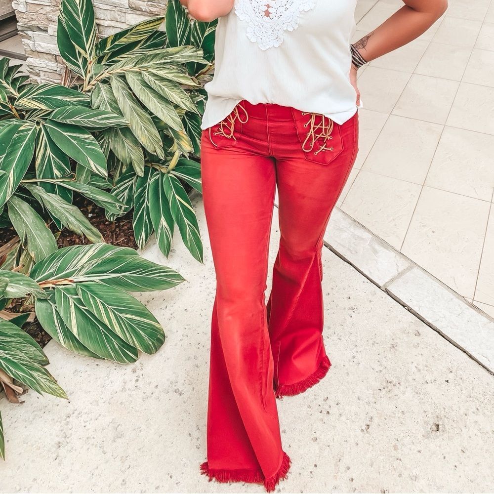 Rust Red Lace-Up Flare Pants
